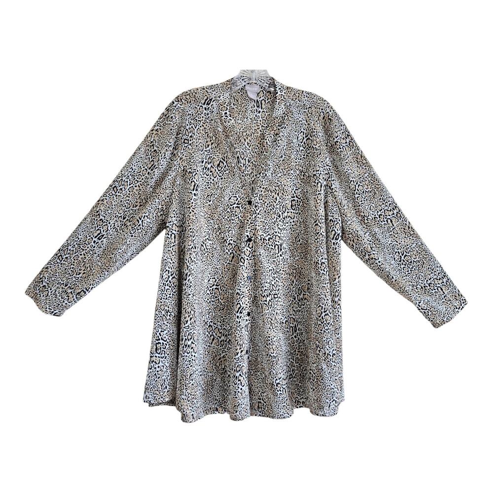 CHICO'S 2 Women's 12 14 Blouse Cheetah Animal Print Semi Sheer Button Up 44"